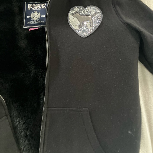 Furry PINK Victoria's Secret Black hoodie with Heart Accent - Picture 2 of 9
